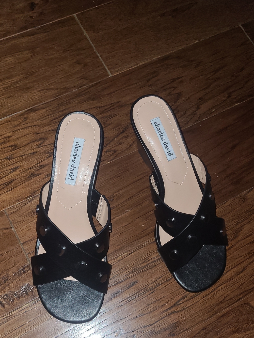 Charles David Black Studded Crisscross Slide Mules - Size 10